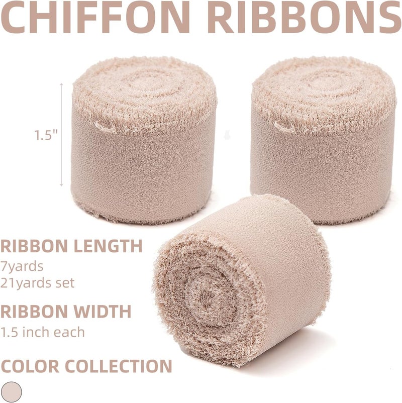 KEOSREE 3 Rolls Light Nude Handmade Chiffon Ribbon,1.5" x 21Yd Light Khaki Frayed Fringe Silk Ribbons (3 Rolls *7Yd) for Gifts Wrapping, Wedding Invitations, Bridal Bouquets, Decorations - Image 2